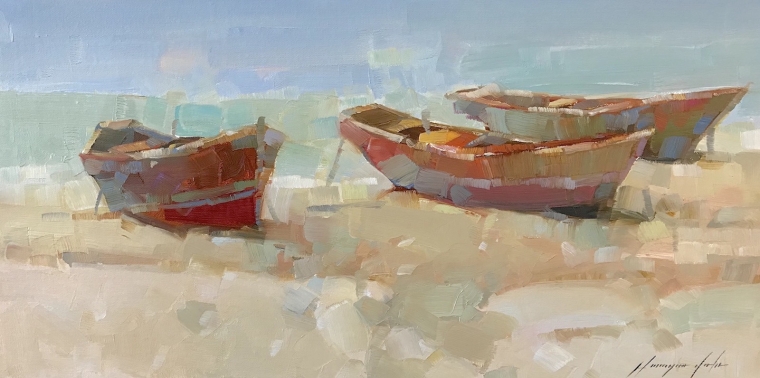 Boats on the Shore, Original oil Painting, Handmade artwork, One of a Kind                        (copy)